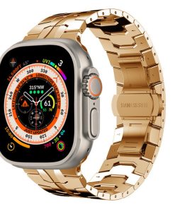Gold stainless steel smartwatch band with orange digital compass display dial
