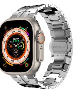 Silver stainless steel smartwatch band with compass and altitude display