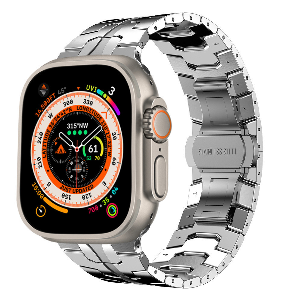 Silver stainless steel smartwatch band with compass and altitude display
