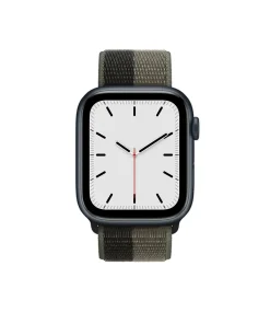 Black smartwatch with white dial and tornado grey sport loop band