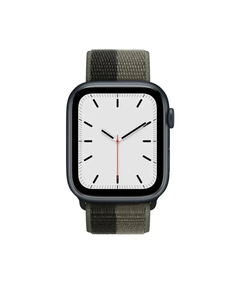 Black smartwatch with white dial and tornado grey sport loop band