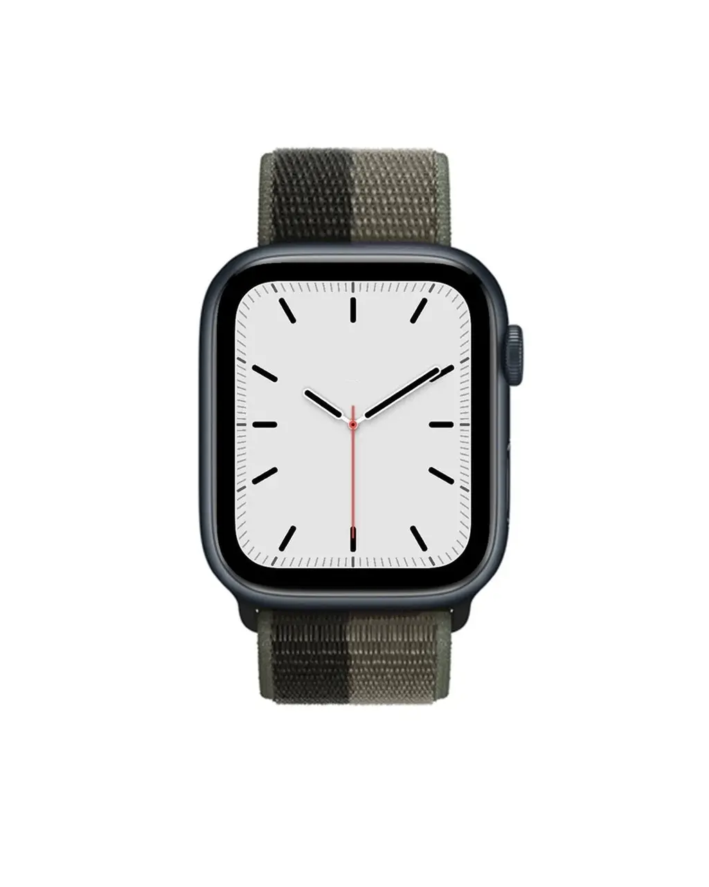 Black smartwatch with white dial and tornado grey sport loop band