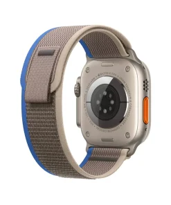 Apple Watch Ultra with blue grey trail loop band, titanium case