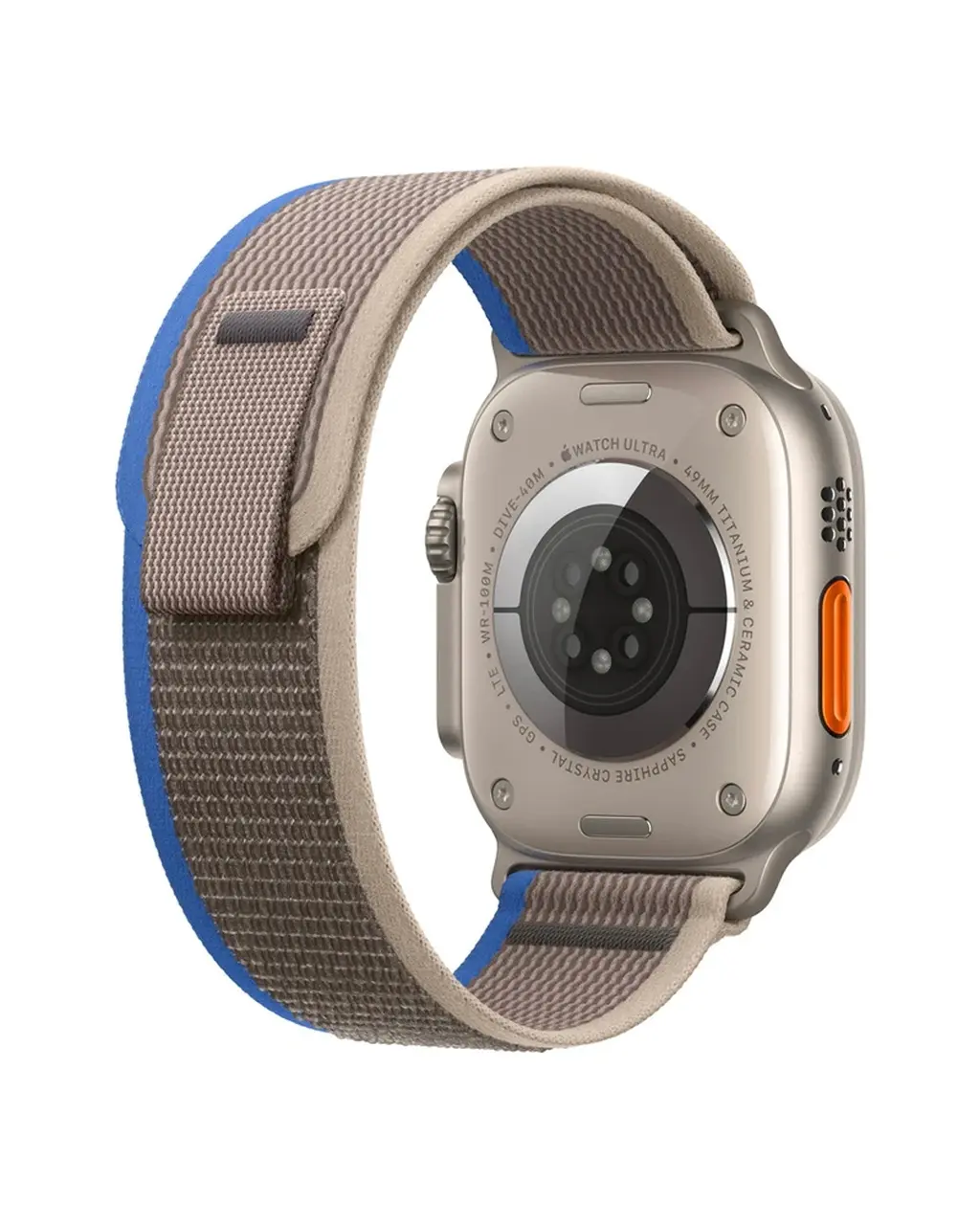 Apple Watch Ultra with blue grey trail loop band, titanium case