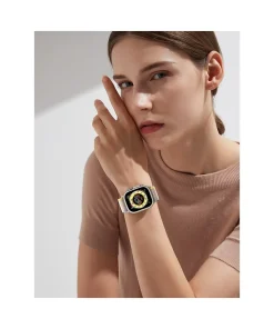 Black grey smartwatch with square face worn on woman's wrist