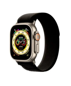Silver smartwatch with black sport loop band and digital display