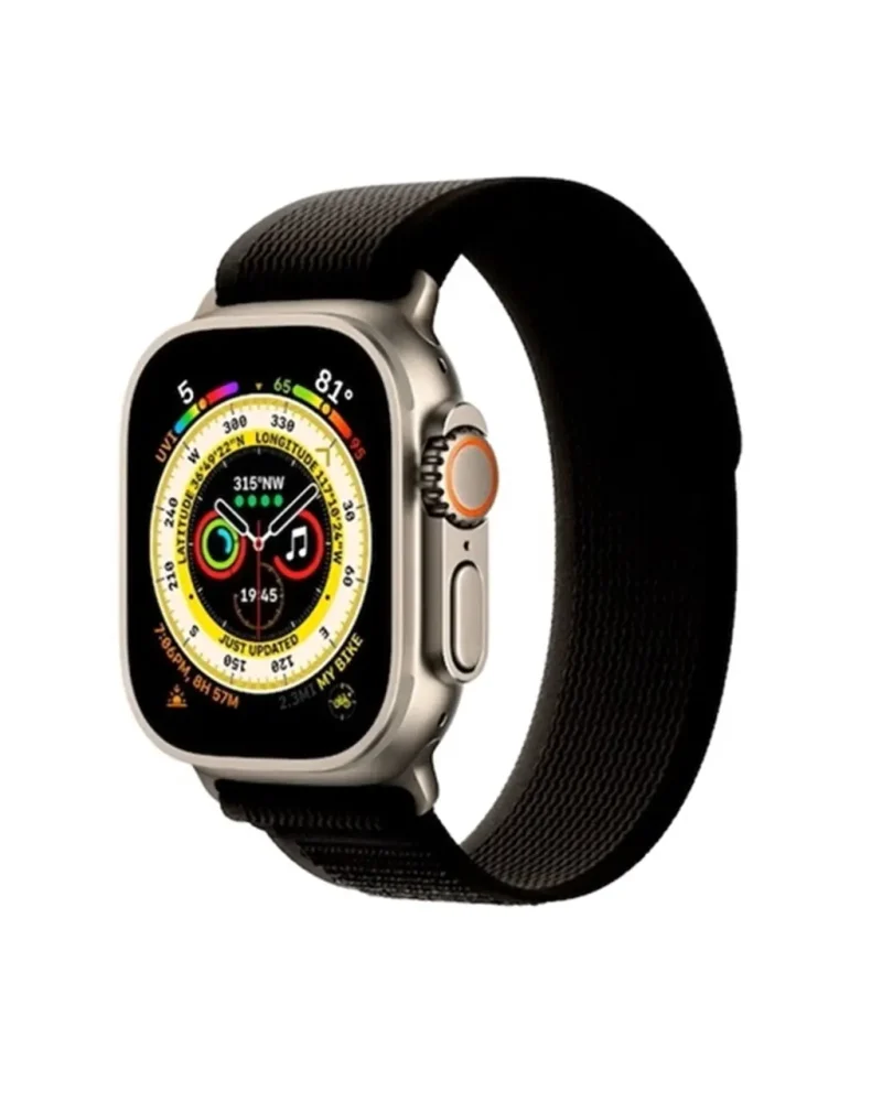 Silver smartwatch with black sport loop band and digital display