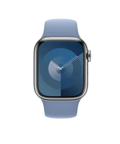 Silver smartwatch with winter blue sport band and blue dial display