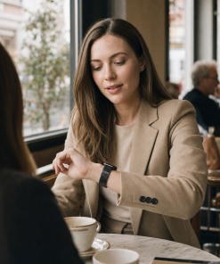 Woman wearing black metal magnetic Apple Watch band in urban café setting