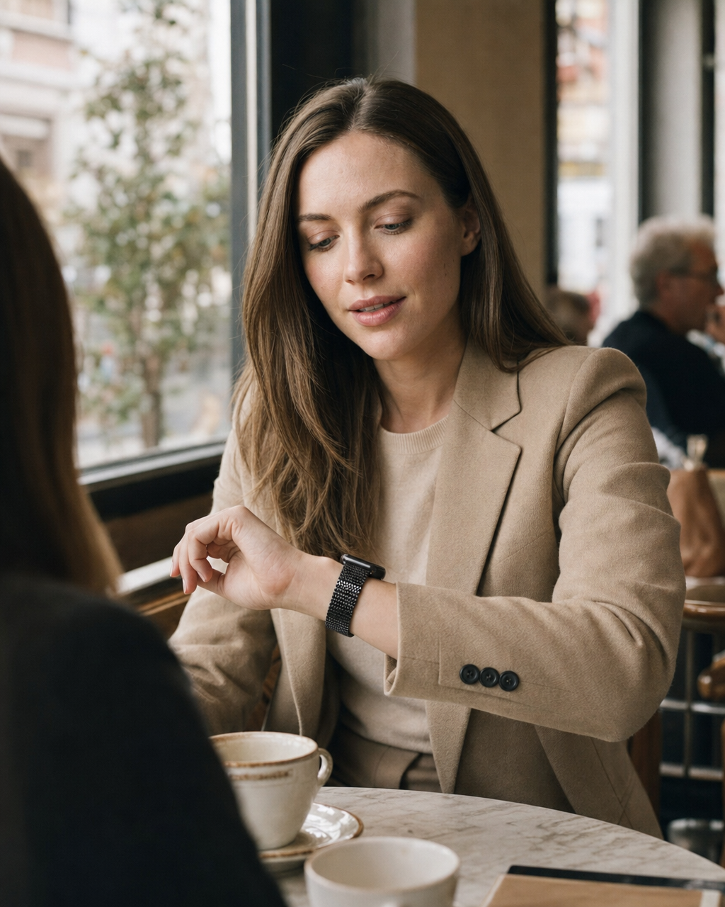 Woman wearing black metal magnetic Apple Watch band in urban café setting