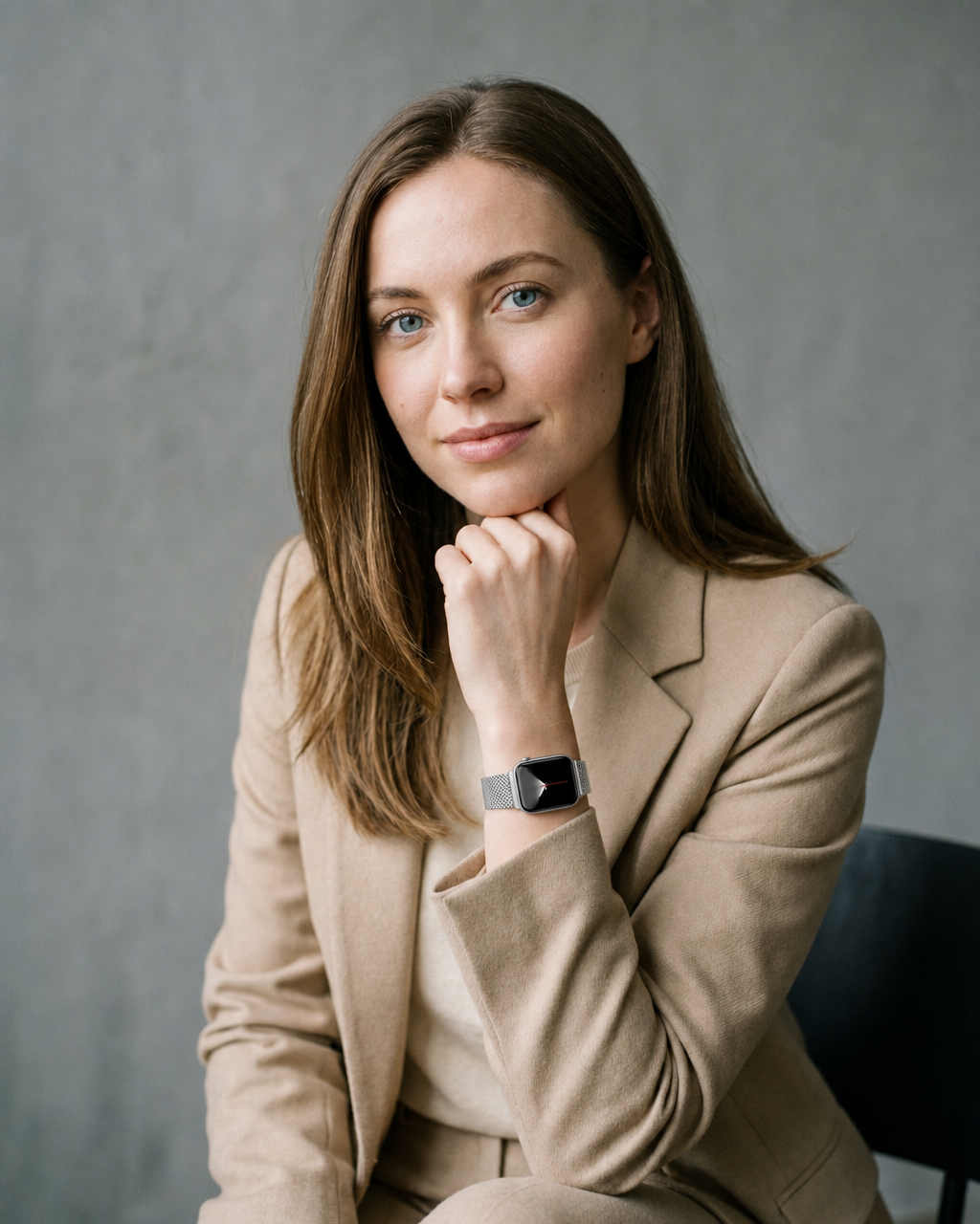 Silver metal mesh Apple Watch band on woman's wrist, professional style