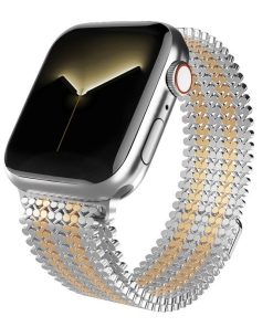Silver and rose gold magnetic smartwatch band with textured metal mesh design
