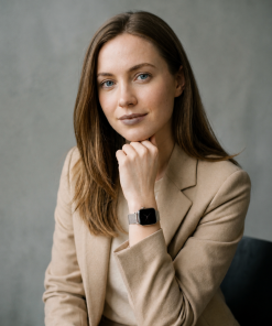 Woman wearing silver mesh magnetic strap smartwatch in beige blazer