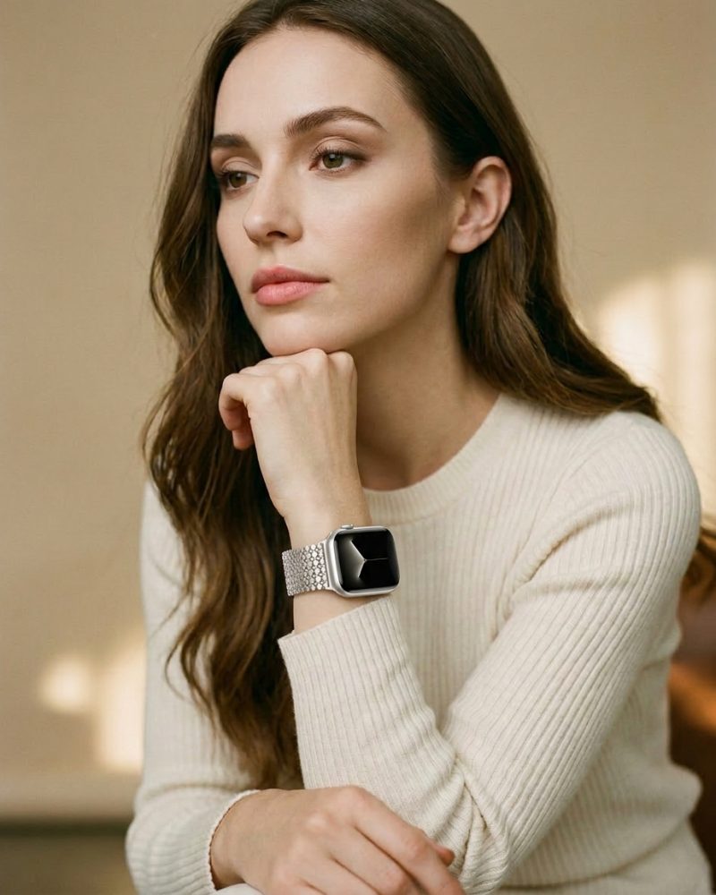 Woman wearing cream ribbed sweater with Zoe Magnetic Strap Starlight smartwatch