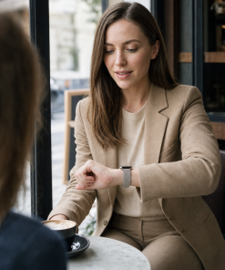 Woman wearing silver mesh magnetic watch strap in beige blazer
