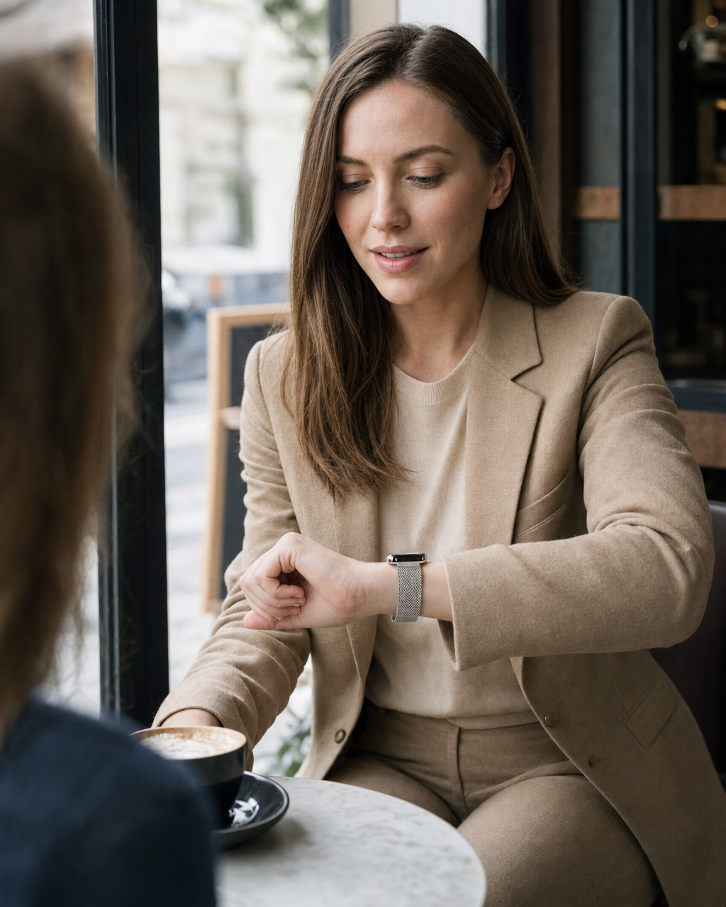 Woman wearing silver mesh magnetic watch strap in beige blazer