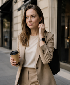 Women's silver stainless steel magnetic smartwatch band on wrist, casual outfit