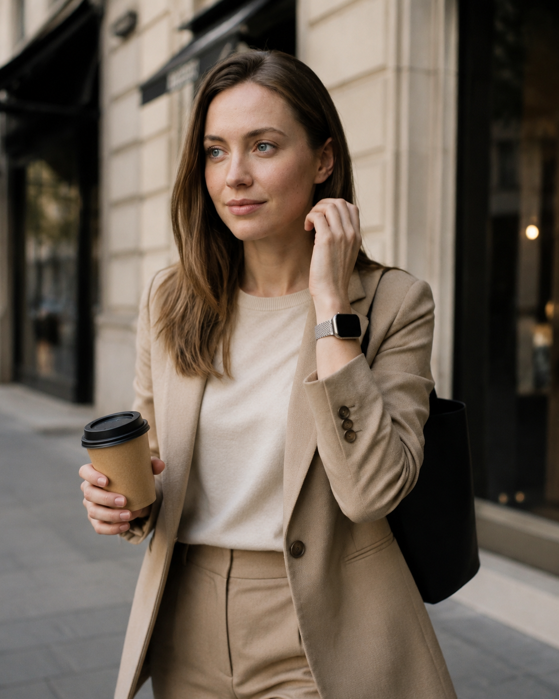 Women's silver stainless steel magnetic smartwatch band on wrist, casual outfit