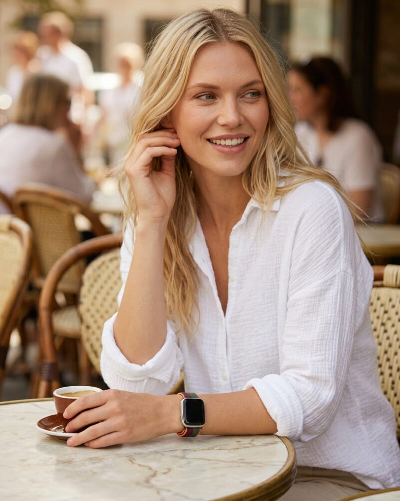 Woman wearing smartwatch with dark cherry forest green sport loop band at café