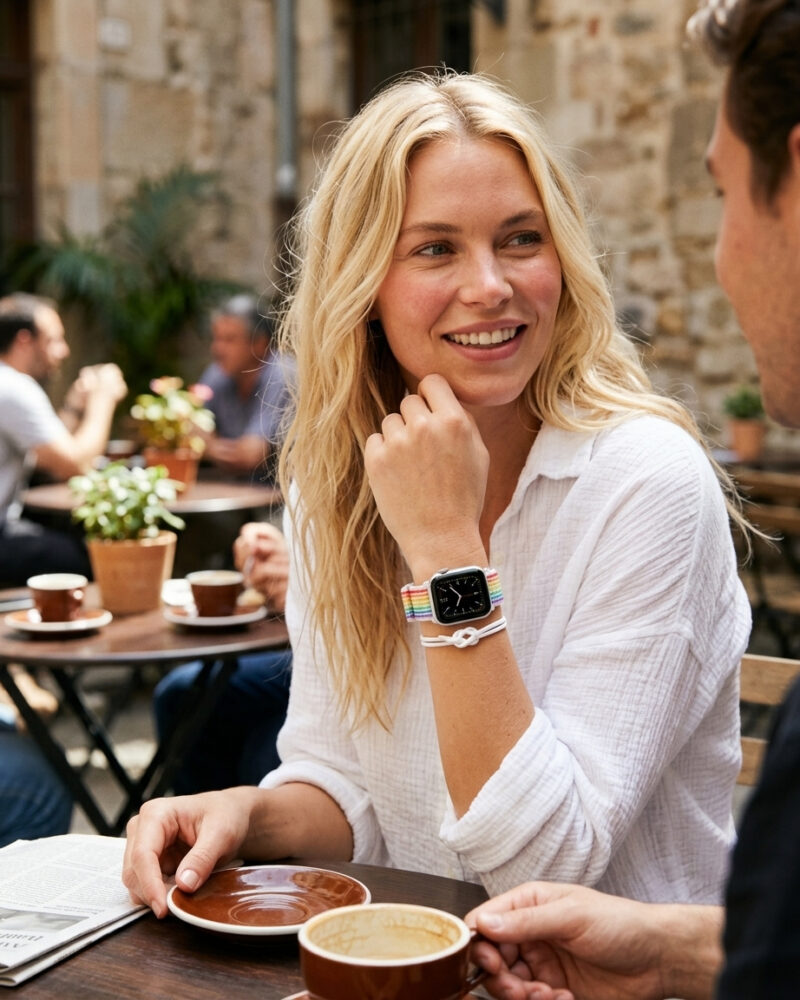 Woman wearing Apple Watch Sport Loop Light Pride rainbow band at outdoor cafe