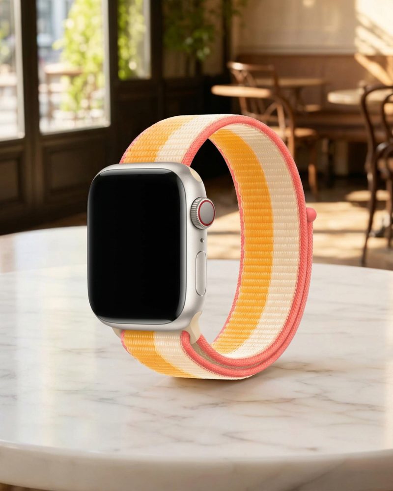 Silver smartwatch with colorful maize white sport loop band on marble table