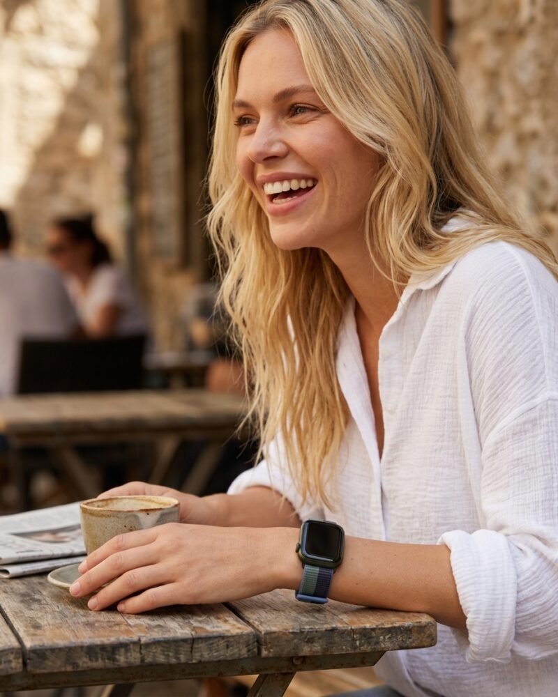Woman wearing midnight eucalyptus sport loop smartwatch at outdoor cafe table