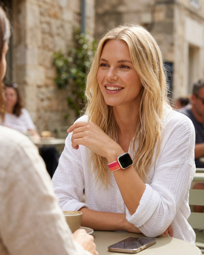Woman wearing nectarine peony sport loop smartwatch band outdoors