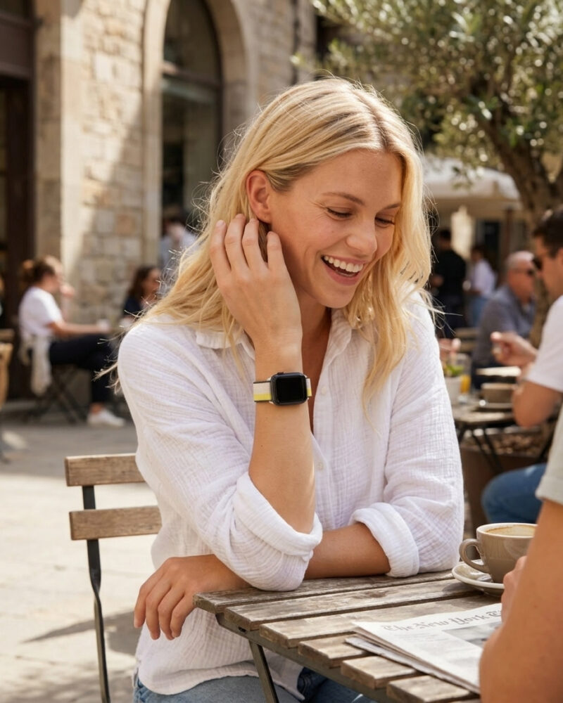 Woman wearing oat milk lemon zest sport loop smartwatch at outdoor cafe
