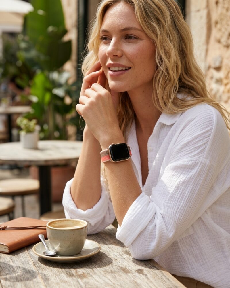 Woman wearing pink pomelo tan sport loop smartwatch at outdoor cafe table