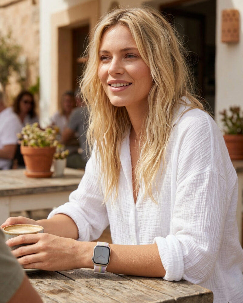 Woman wearing sport loop smartwatch with pride edition band drinking coffee outdoors