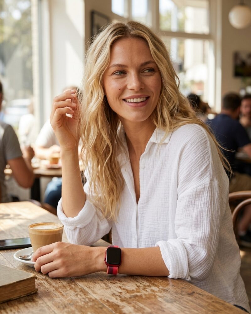 Woman wearing red sport loop smartwatch band at coffee shop table