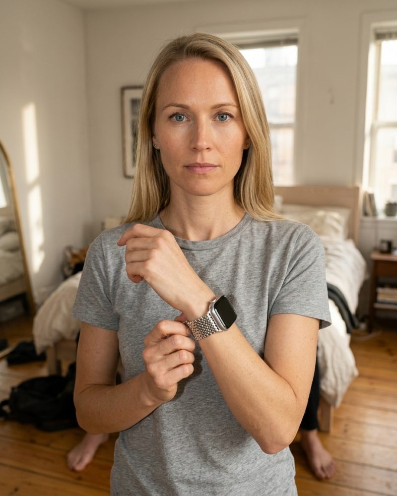 Woman wearing silver metal magnetic Apple Watch band strap on wrist